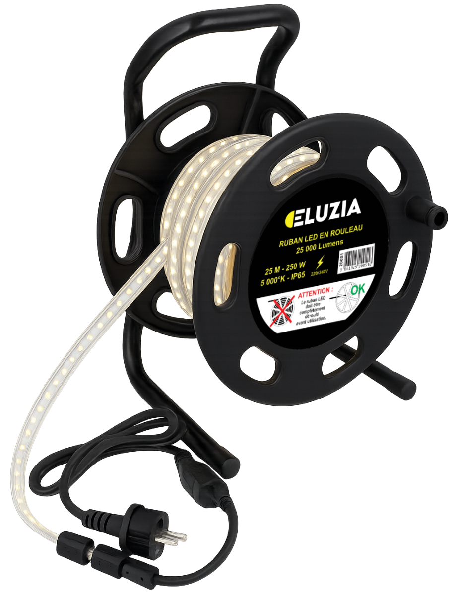 Ruban LED 220V sur dévidoir 15m 129W 8.6W/m 14700L 5000K + connecteur