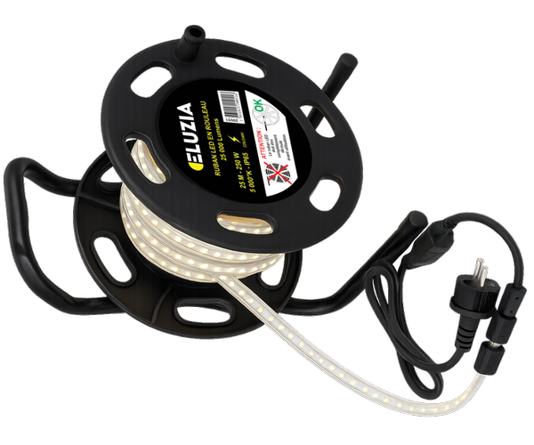 Ruban LED SMD 220V sur dévidoir 25m 215W 8.6W/m 24500L 5000K + connecteur