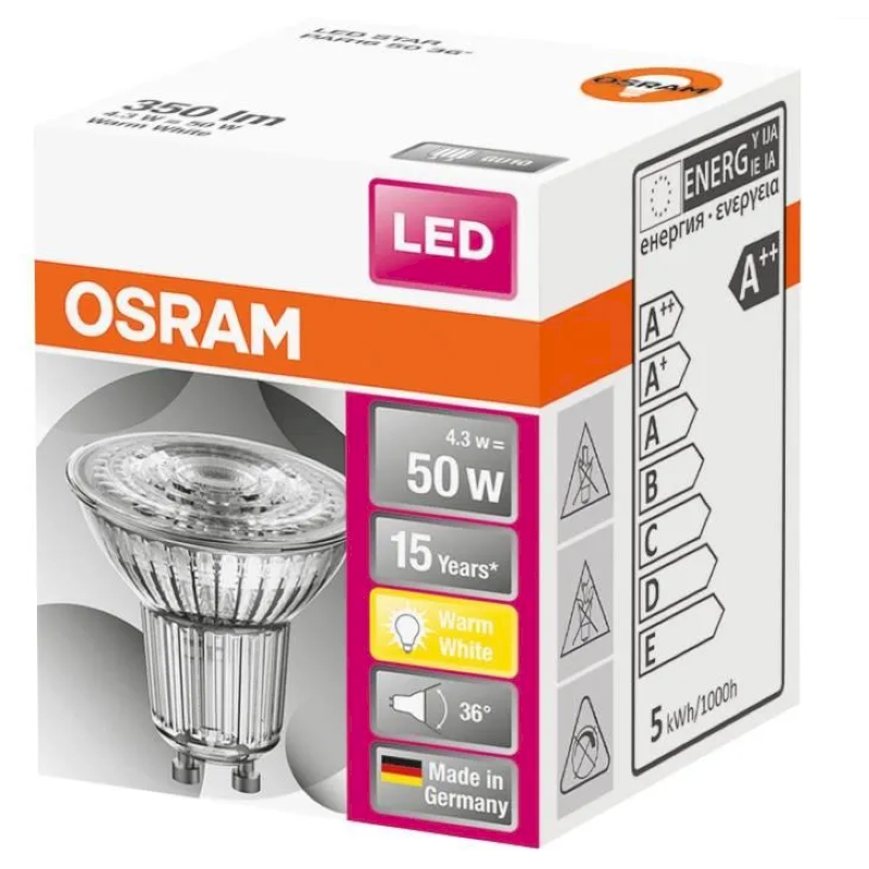 OSRAM Spot PAR16 LED 36° verre 4,3W=50 GU10 chaud