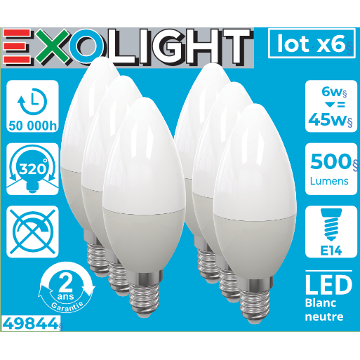 Ampoule LED SMD Flamme lisse opale 4000K 6W 500L E14 - Bx6