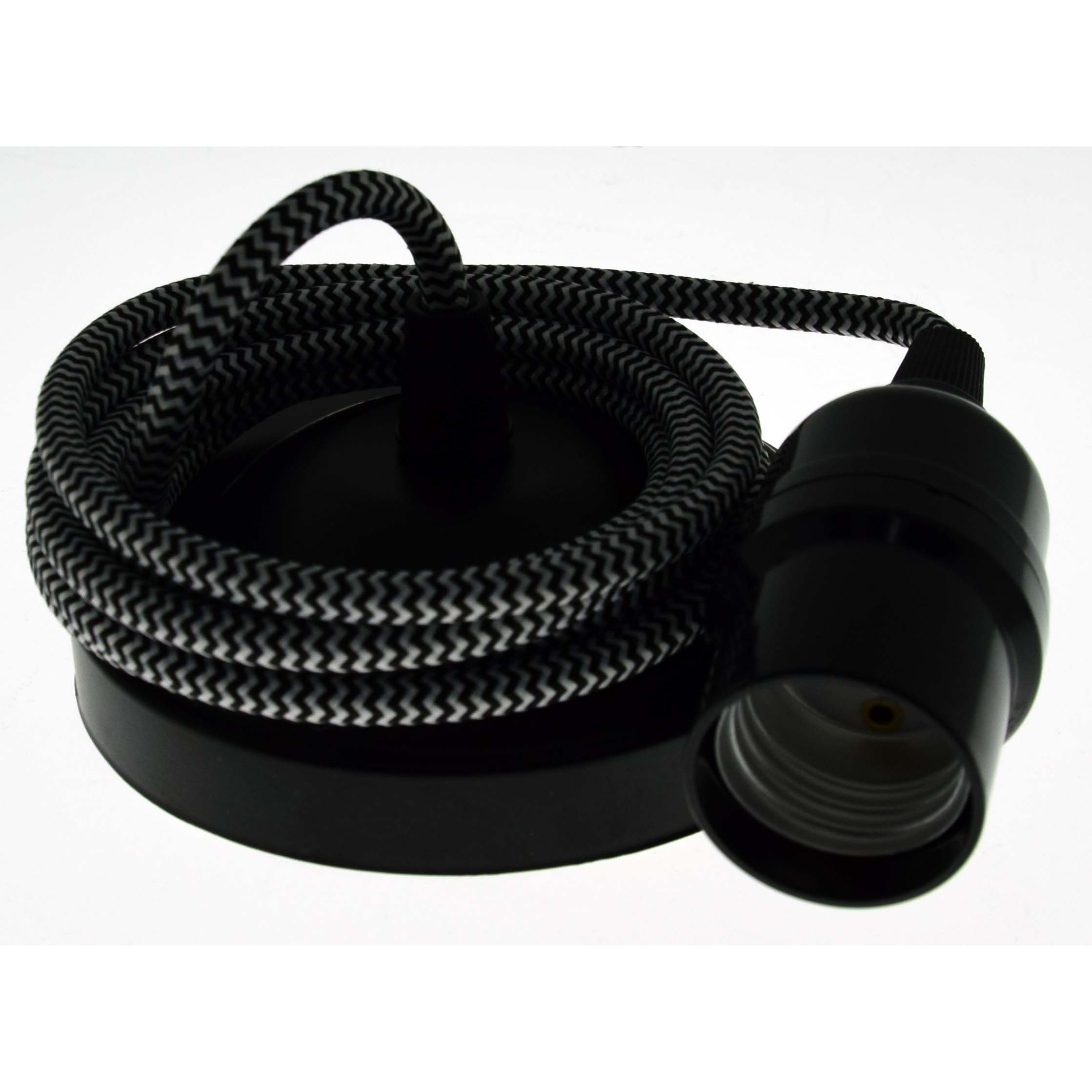 Luminaire douille E27 + rosace + câble textile pied de poule 2m