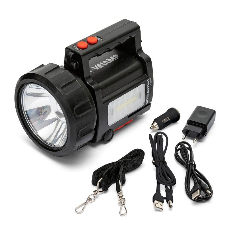 Projecteur recharg. anti black-out LED CREE 10W 735L+ lanterne lat. +power bank