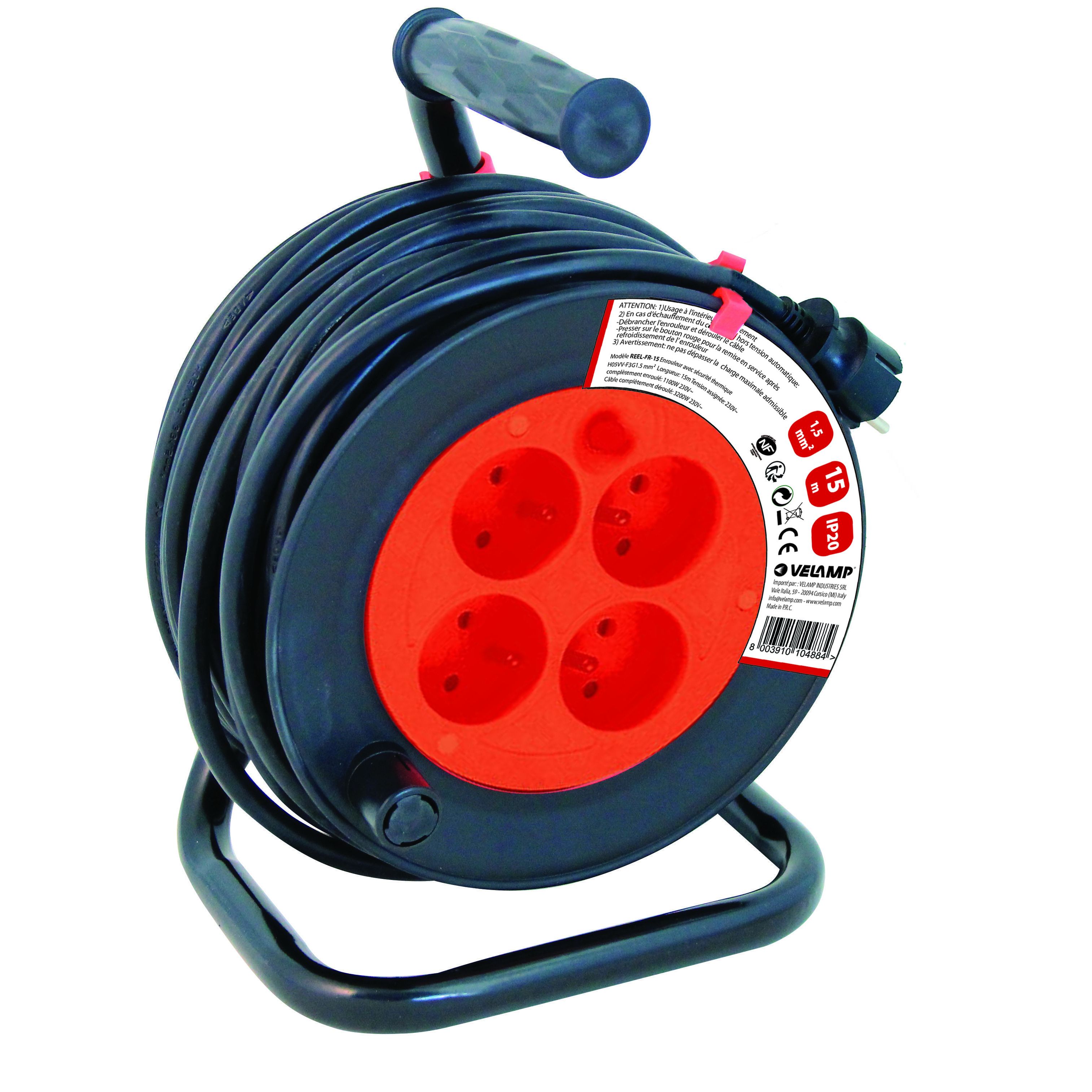 Enrouleur bricolage, 4 prises, H05VV-F3G1.5MM2, 15M , NF,CE